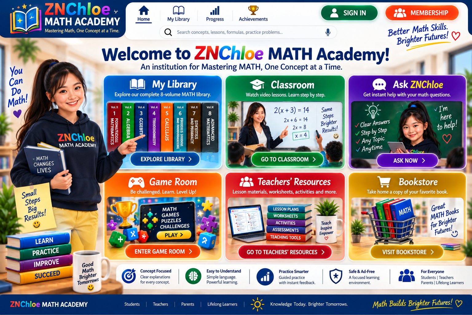 ZNChloe MATH Academy with six departments: My Library, Classroom, Ask ZNChloe, Game Room, Teachers' Resources, and Bookstore.